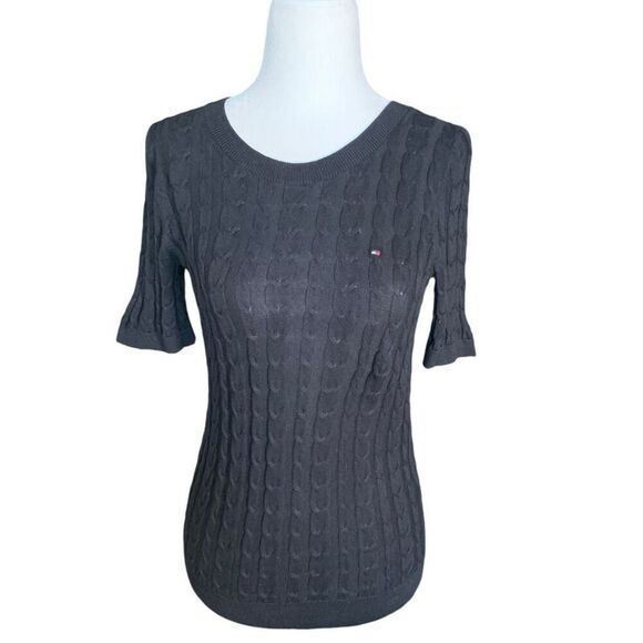 Tommy Hilfiger Crewneck Sweater Short Sleeve Black Cable Neutral Pullover Knit - Picture 9 of 9